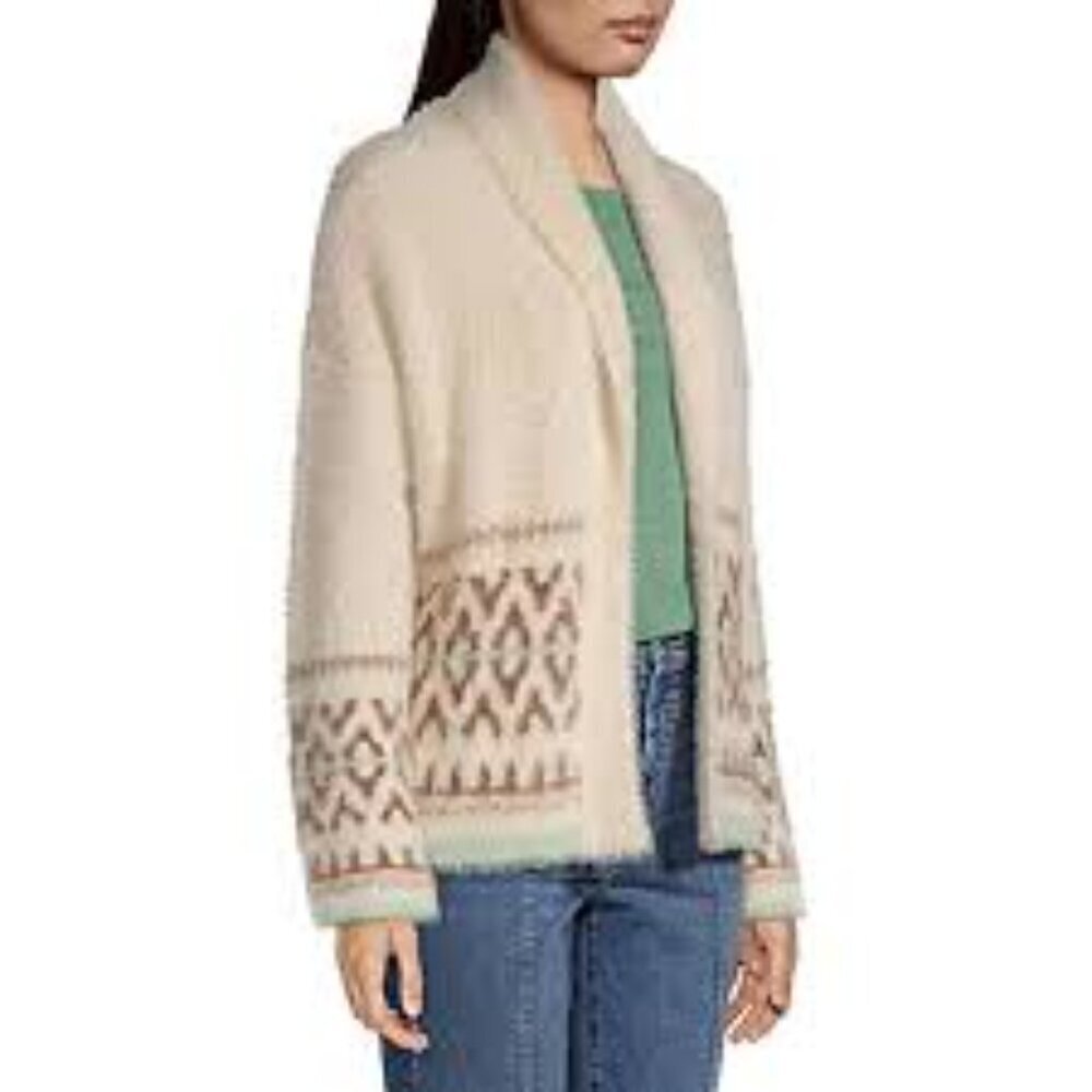 a.n.a Cardigan Women's Size 3X Cream Brown Eyelash Knit Printed Flyaway Sweater